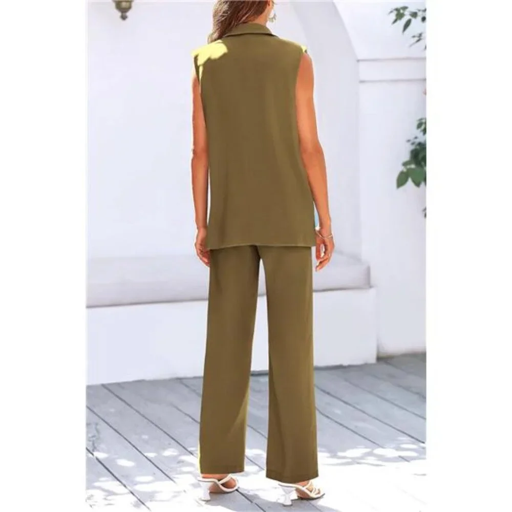 Sleeveless Blazer Set Wide Leg Pants Business Casual V Neck Vest Women - Picture 4 of 6